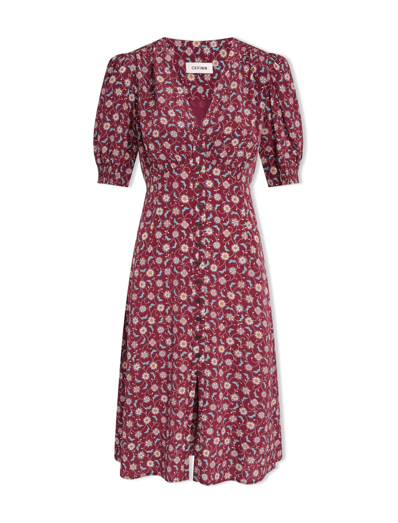 Julietta Silk Short Dress - Burgundy Trellis Print