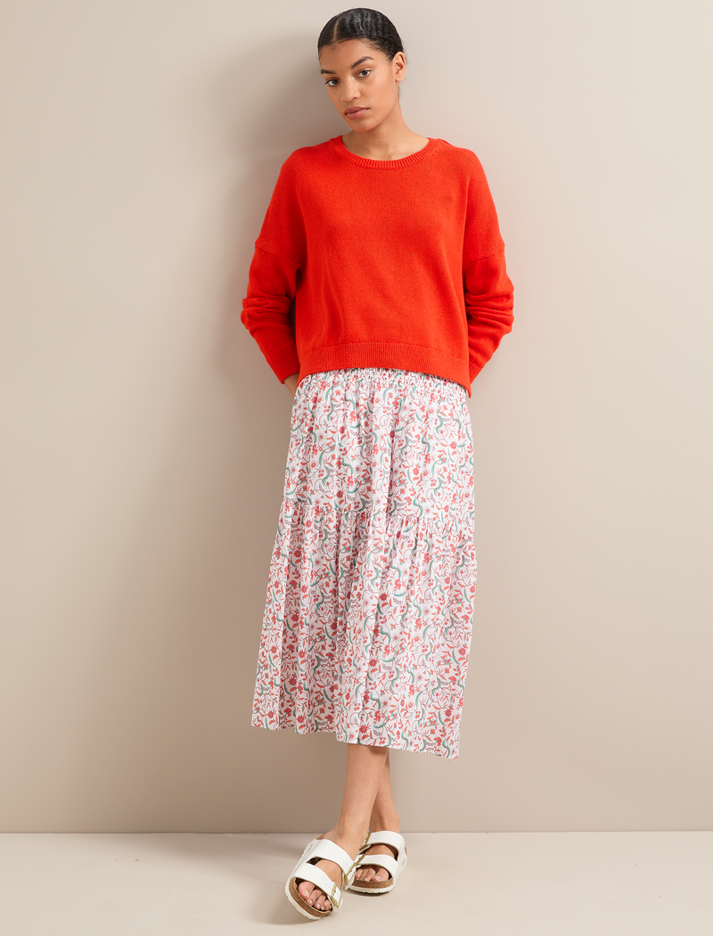 Sylvia Silk Blend Maxi Skirt - Red Trailing Feather Print