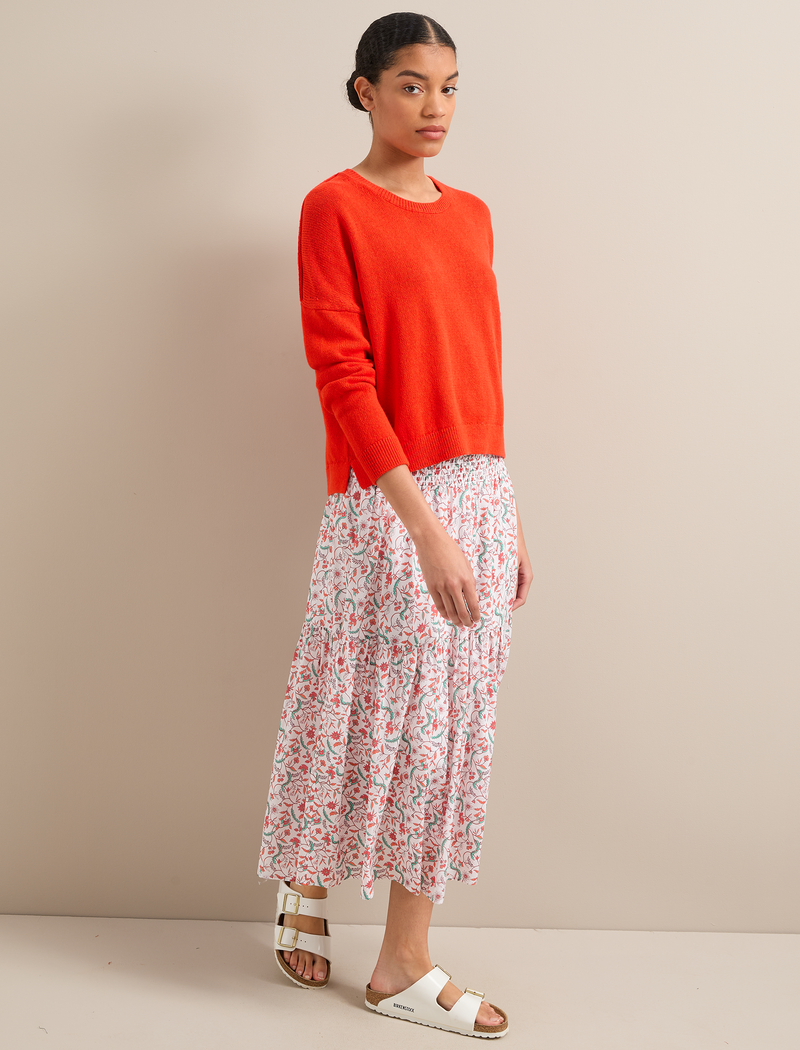 Sylvia Silk Blend Maxi Skirt - Red Trailing Feather Print