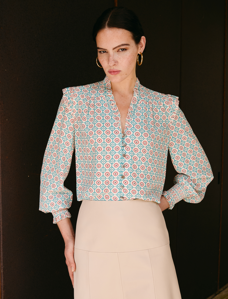 Stella Silk Shirt - Cream Floral Tile Print