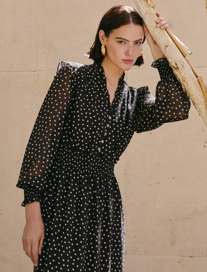 Saskia Maxi Shirt Dress - Black Cream Polka Dot