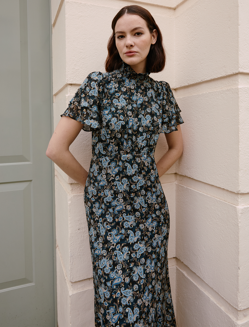 Aurelie Lurex Fil Coupé Maxi Dress - Navy Paisley Print