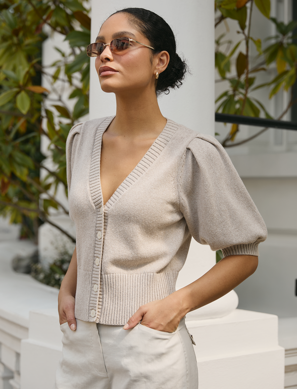 Amalie Linen Blend Cardigan - Taupe
