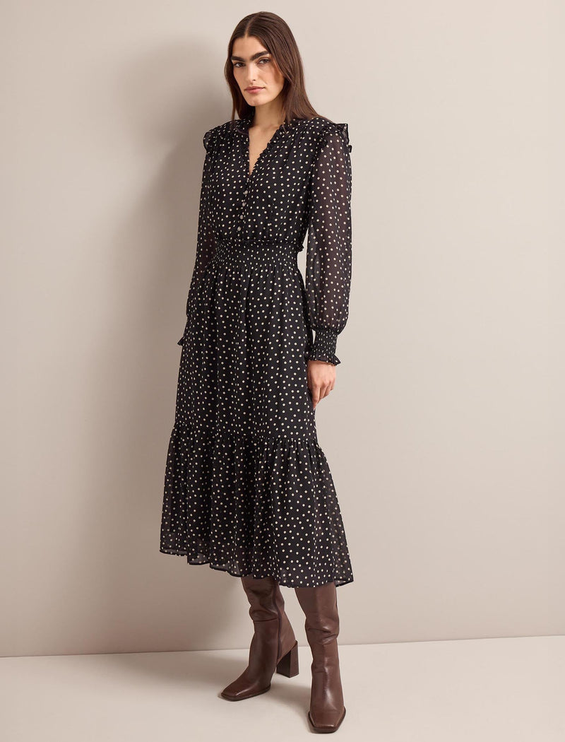 Saskia Maxi Dress - Black Cream Polka Dot Print