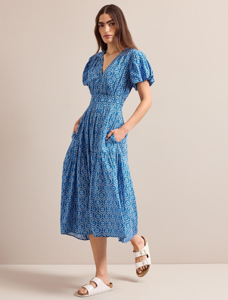 Orla Cotton Maxi Dress - Blue Circle Carnation Print
