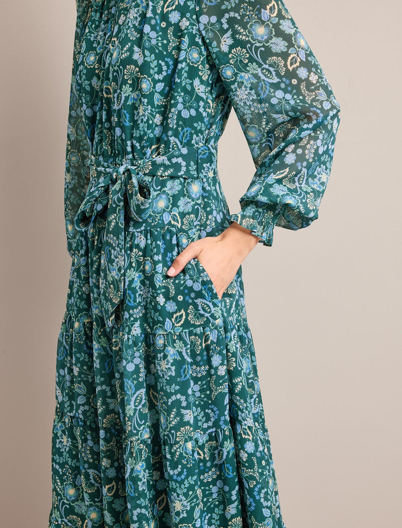 Marina Maxi Dress - Dark Green Pale Blue Large Floral Print