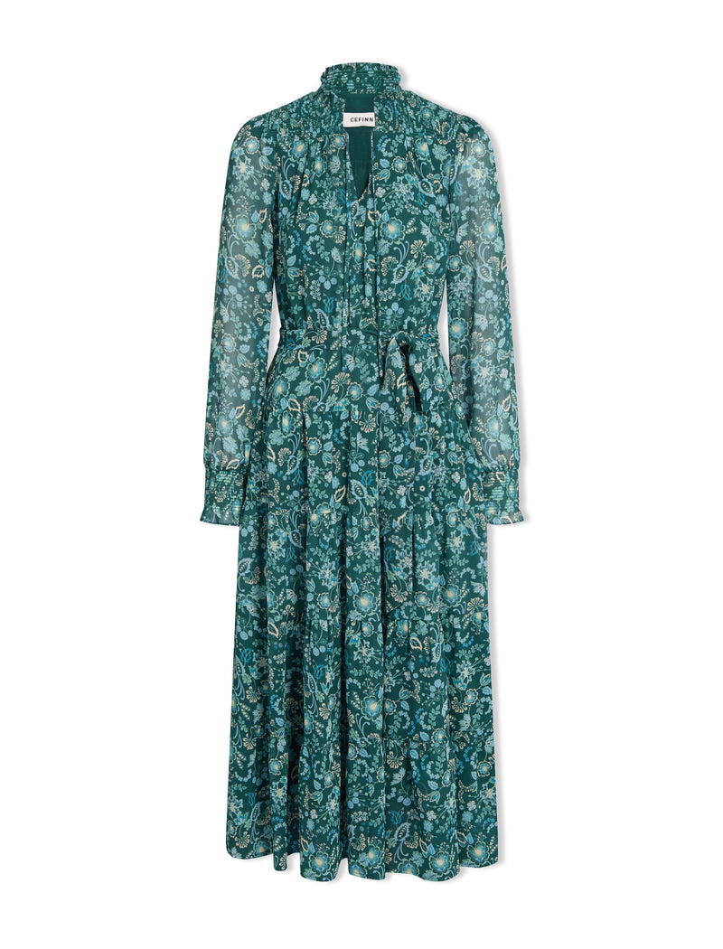 Marina Maxi Dress - Dark Green Pale Blue Large Floral Print