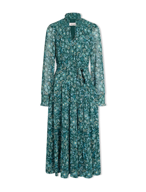 Marina Maxi Dress - Dark Green Pale Blue Large Floral Print
