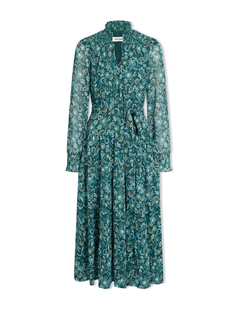 Marina Maxi Dress - Dark Green Pale Blue Large Floral Print