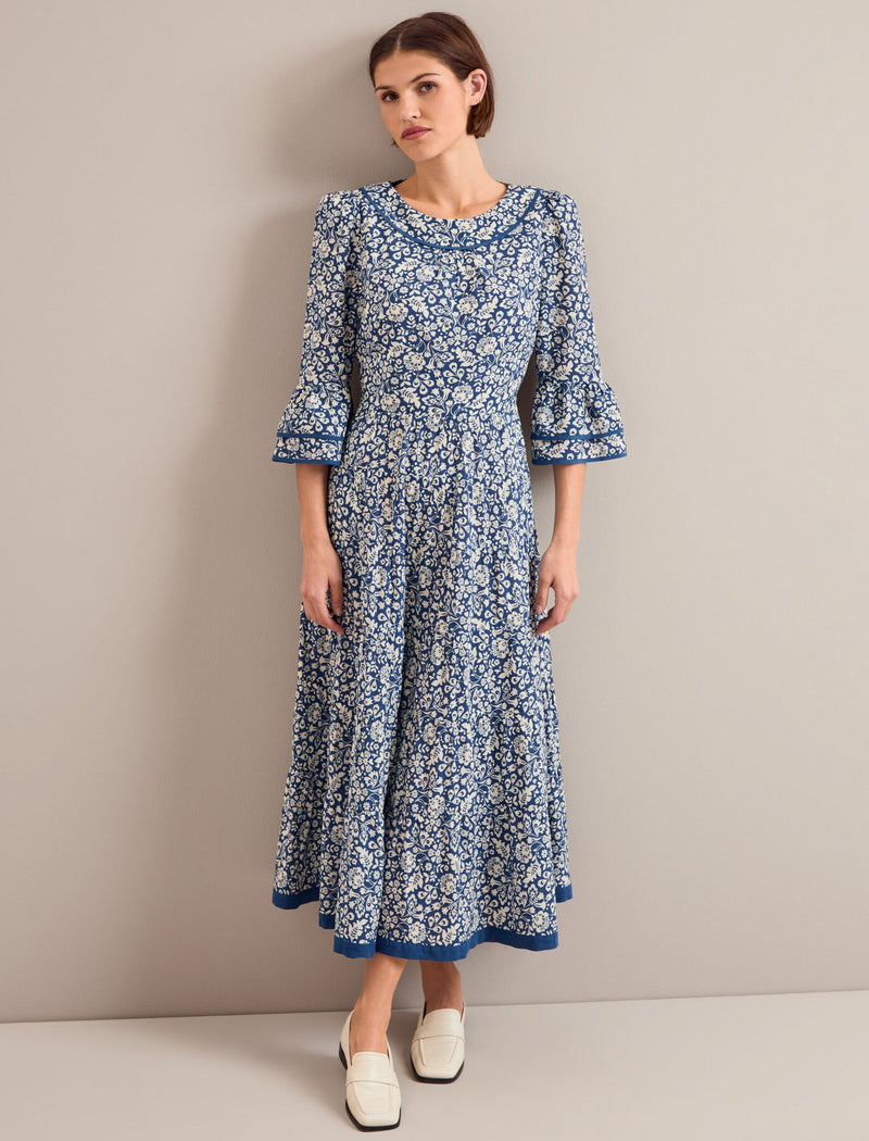 Elodie Cotton Blend Maxi Dress - Blue Mono Floral Print