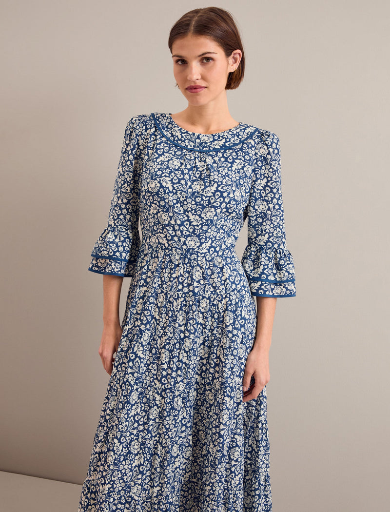 Elodie Cotton Blend Maxi Dress - Blue Mono Floral Print