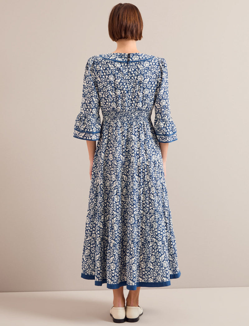 Elodie Cotton Blend Maxi Dress - Blue Mono Floral Print