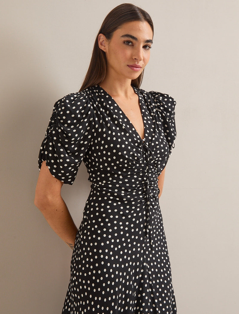 Ophelia Bias Cut Maxi Dress - Black Ecru Polka Dot Print