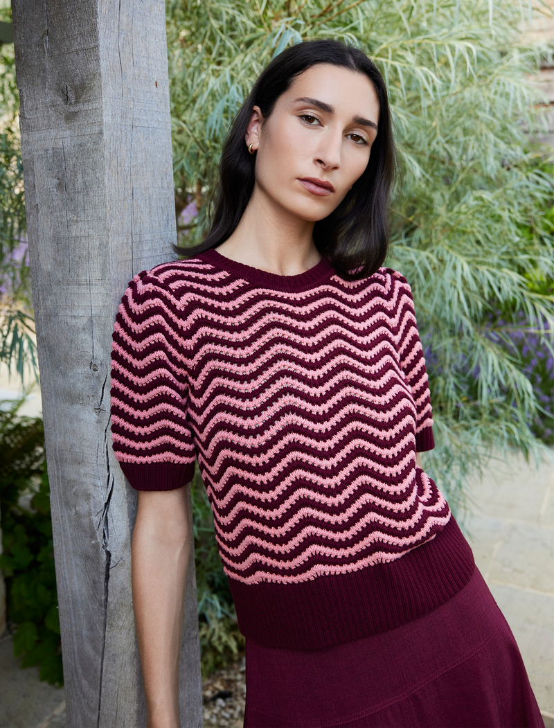 June Cotton Short Sleeve Jumper - Burgundy Rose Stripe