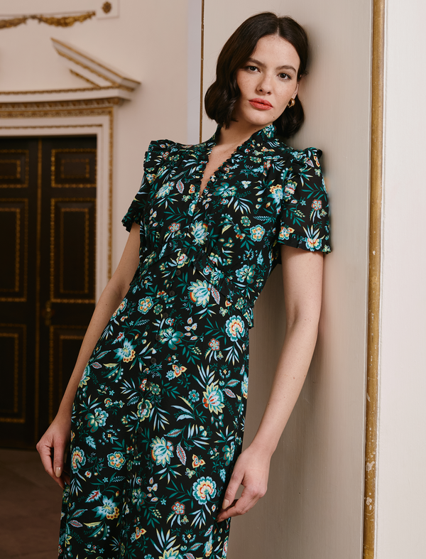 Liliana Cotton Blend Maxi Dress - Black Palm Floral Print