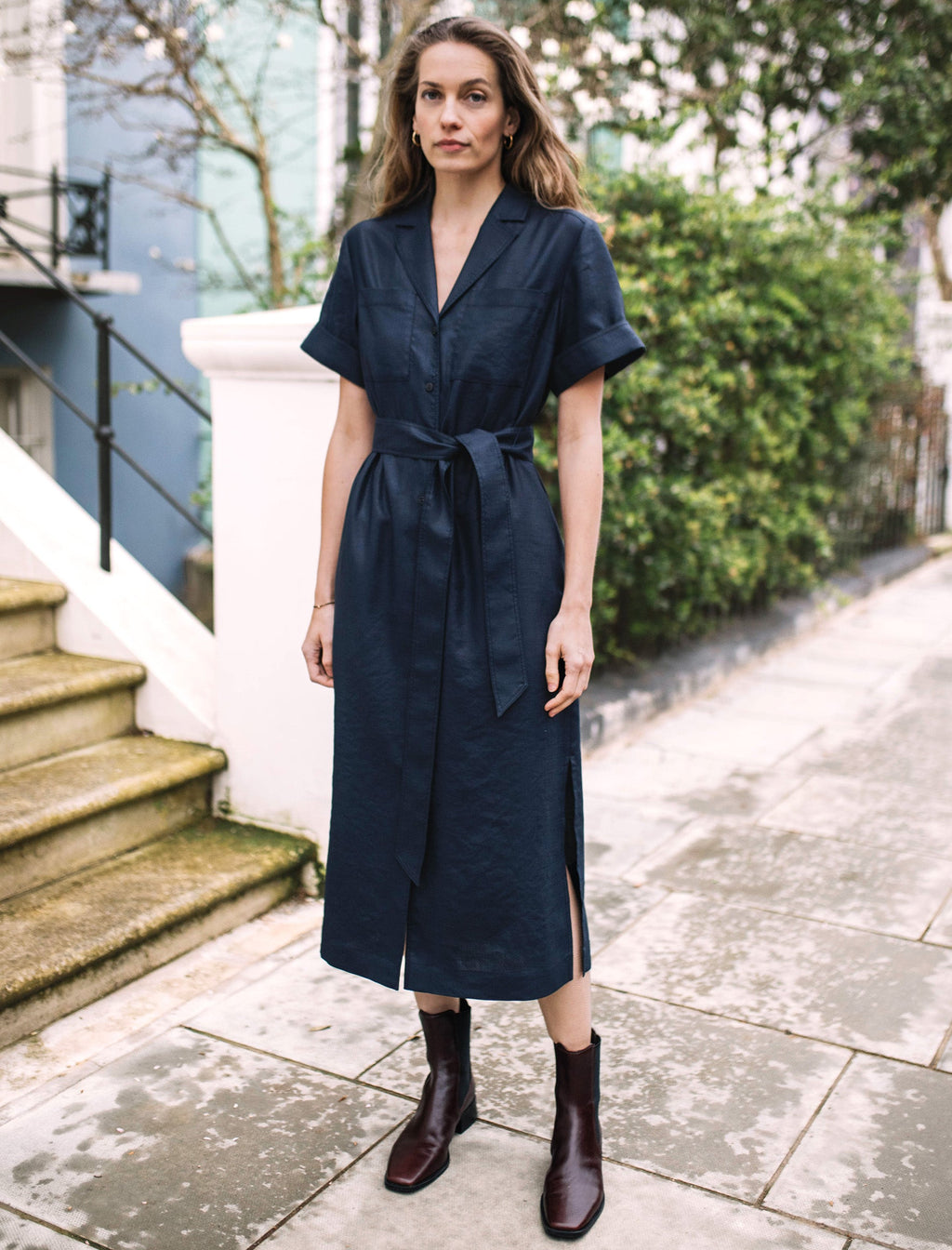 Lennox Utility Short Sleeve V Neck Maxi Shirt Dress in Navy