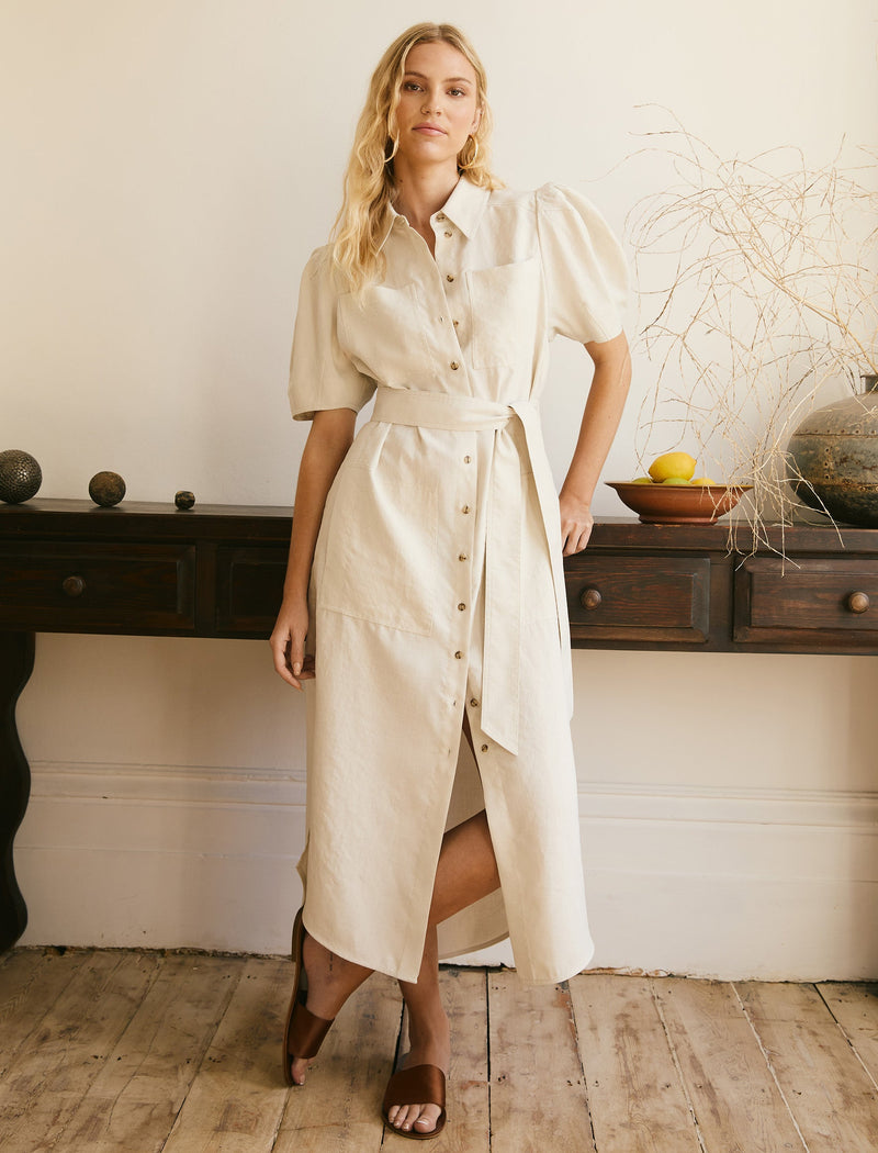 Lyra Techni Linen Maxi Shirt Dress - Cream