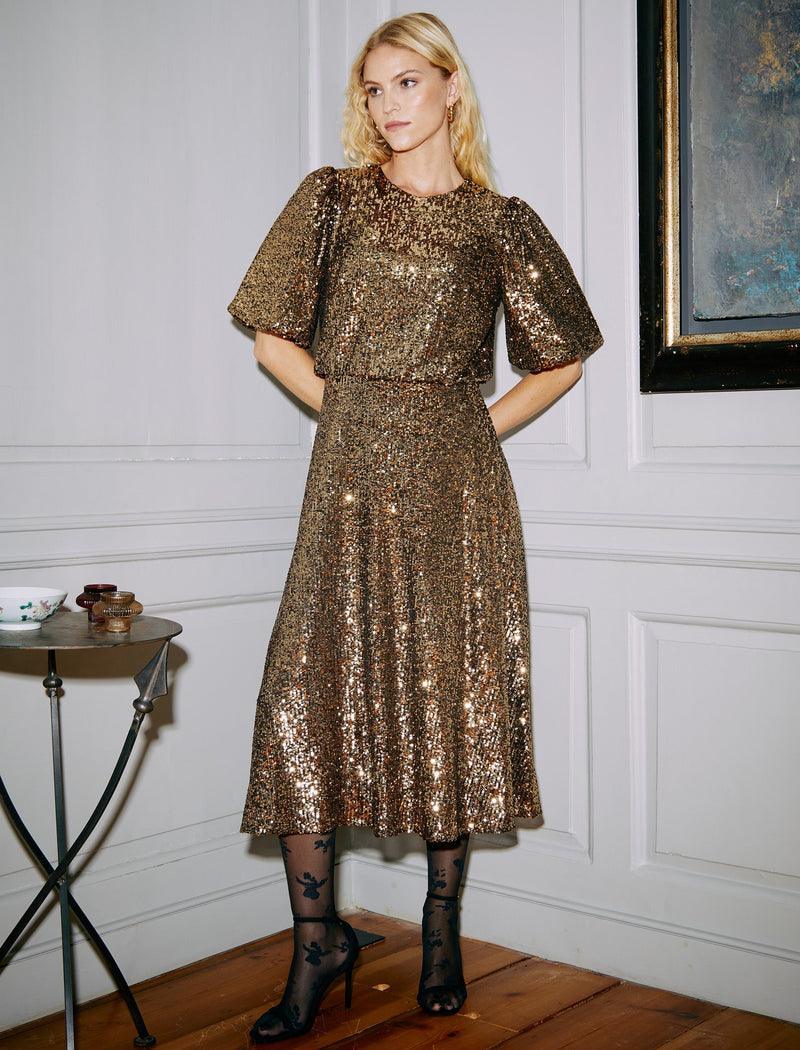 Marnie Sequin Midi Dress - Gold