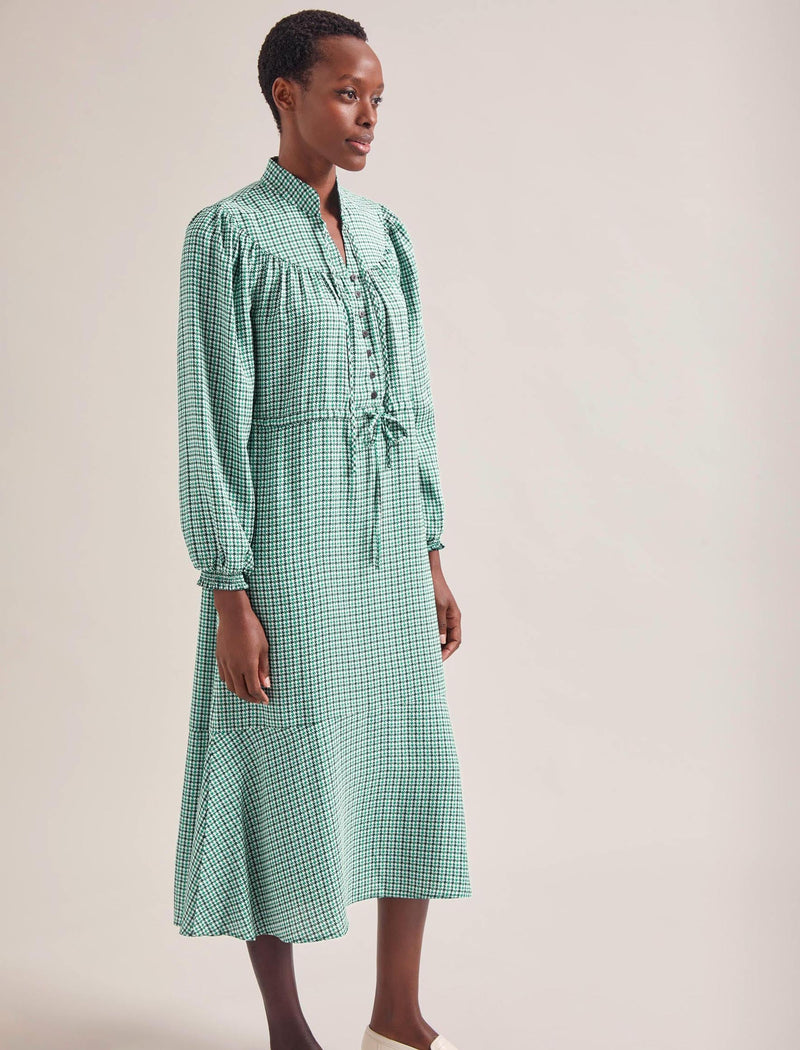 Zahra Midi Dress - Ecru Green Houndstooth Print