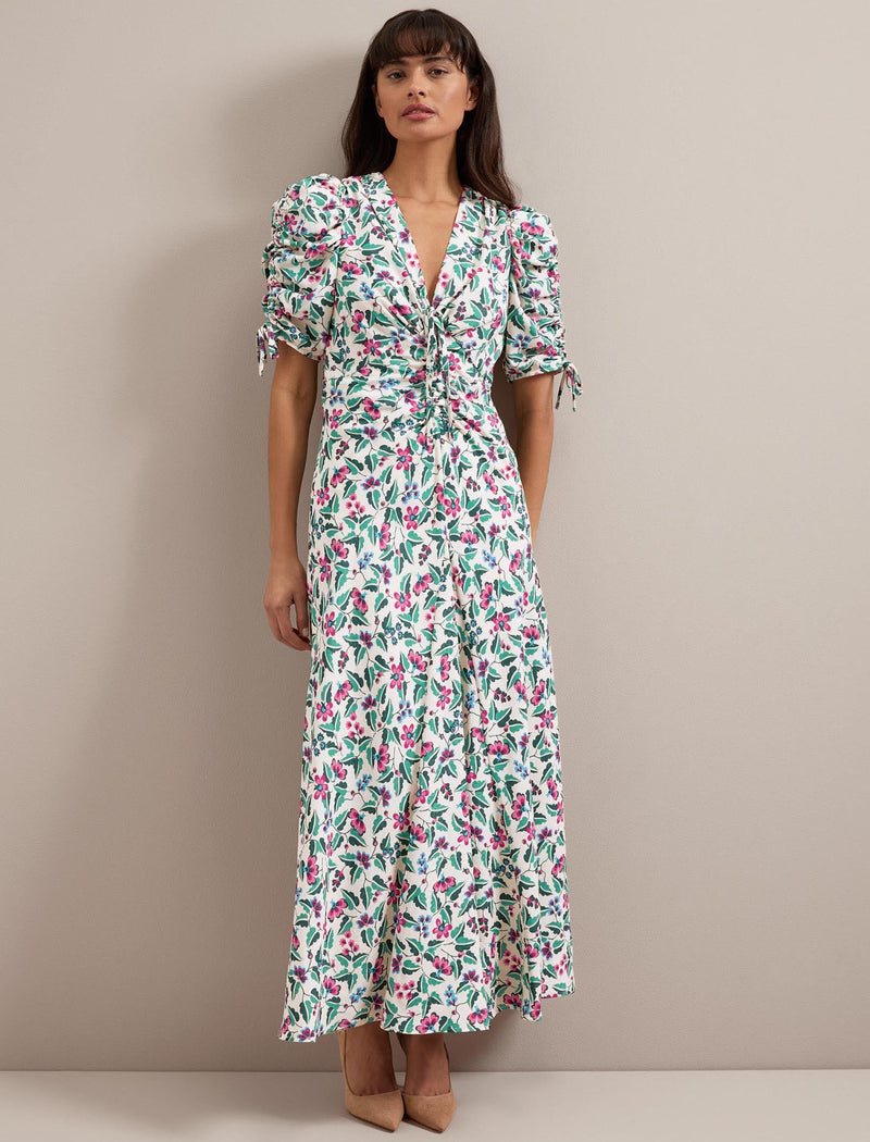 Ophelia Bias Cut Maxi Dress - White Multi Tropical Floral Print