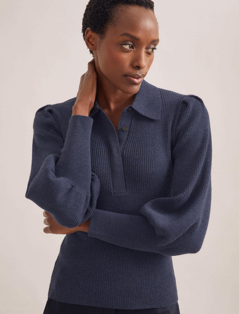 Eva Merino Wool Collared Jumper - Denim Blue