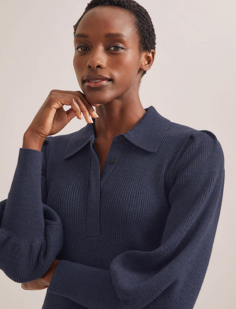 Eva Merino Wool Collared Jumper - Denim Blue