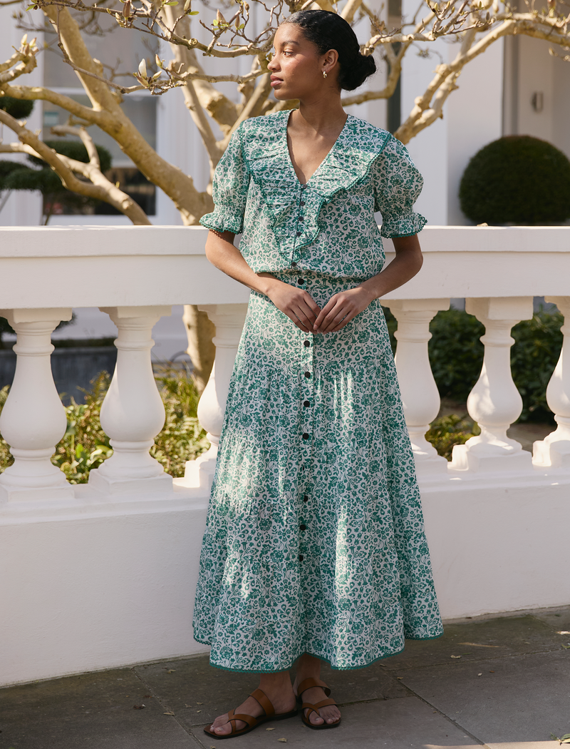 Rita Cotton Blend Maxi Skirt - Green Mono Floral Print
