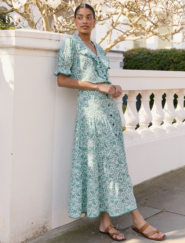 Rita Cotton Blend Maxi Skirt - Green Mono Floral Print