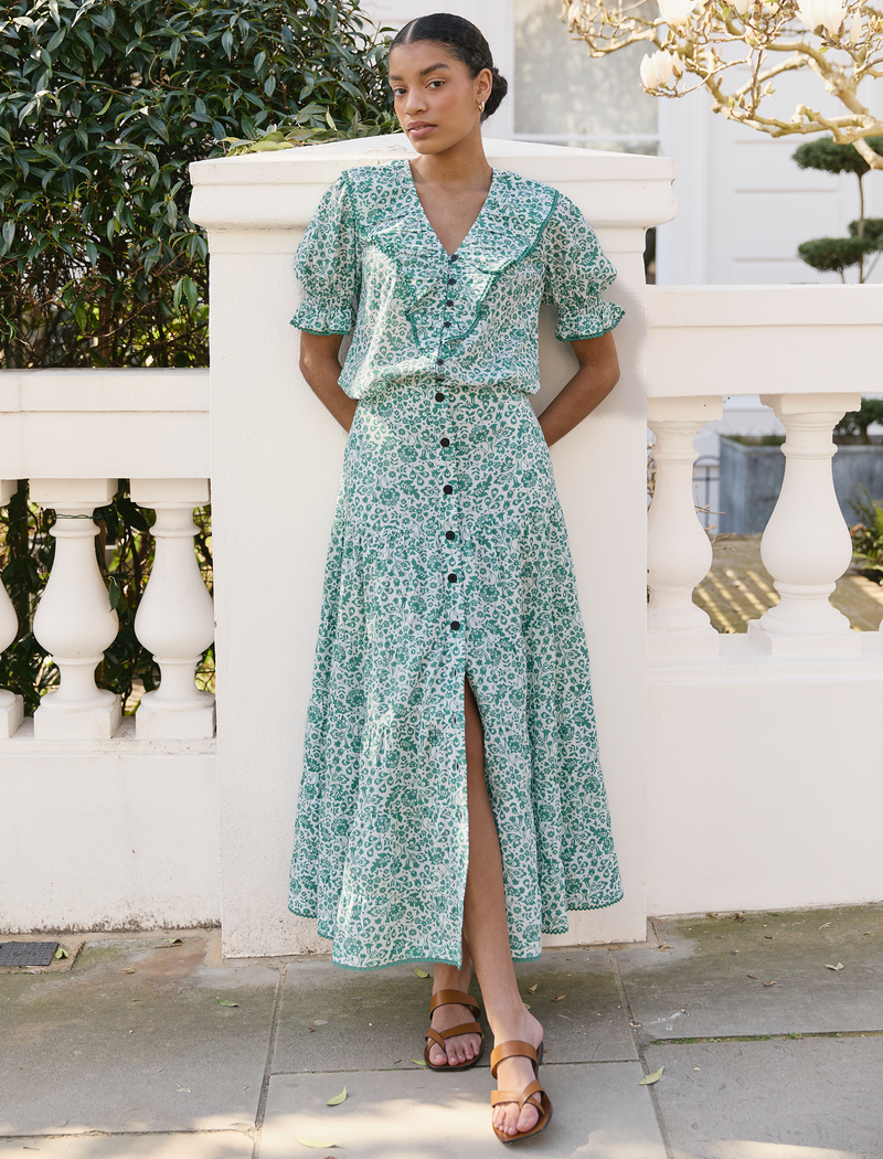 Rita Cotton Blend Maxi Skirt - Green Mono Floral Print