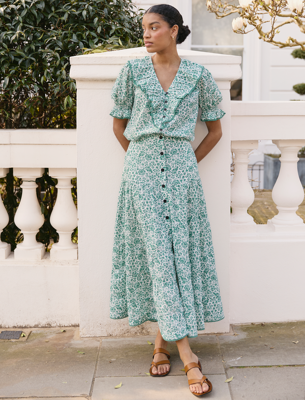 Rita Cotton Blend Maxi Skirt - Green Mono Floral Print