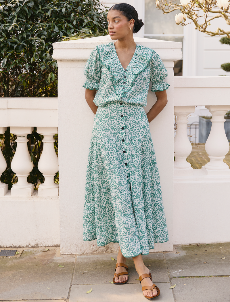 Rita Cotton Blend Maxi Skirt - Green Mono Floral Print