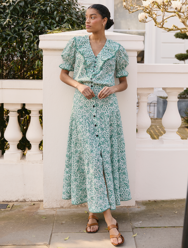 Rita Cotton Blend Maxi Skirt - Green Mono Floral Print