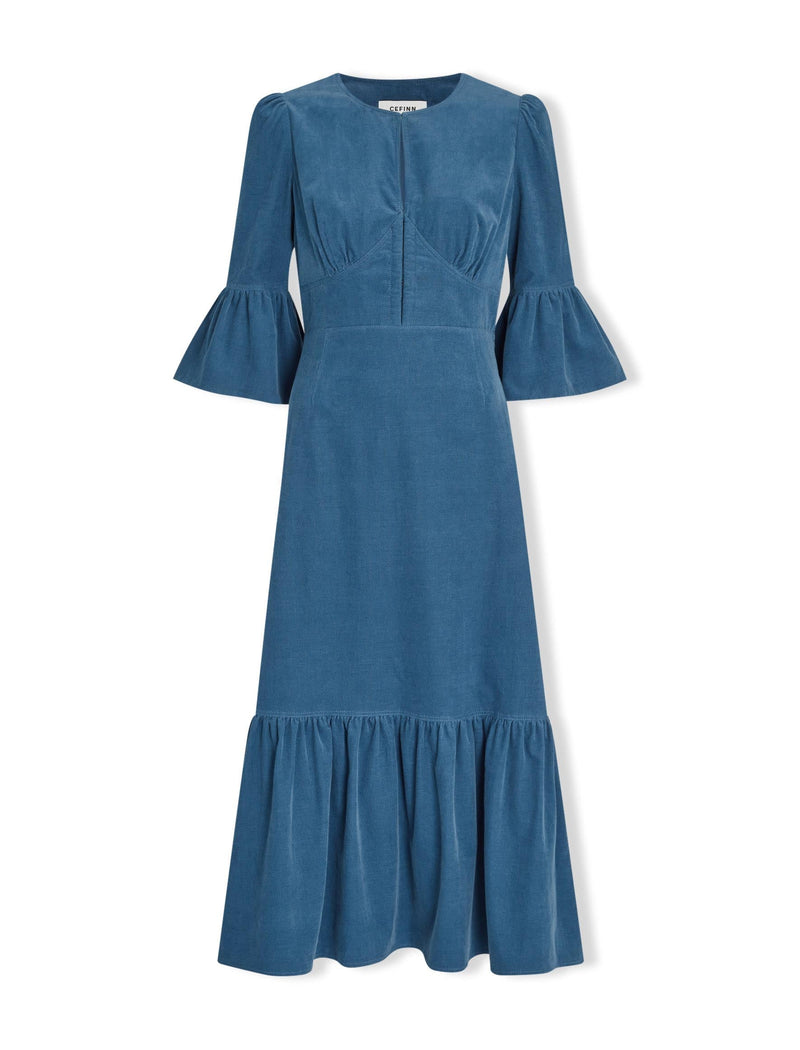 Daphne Pin Corduroy Round Neck Maxi Dress - Mid Blue