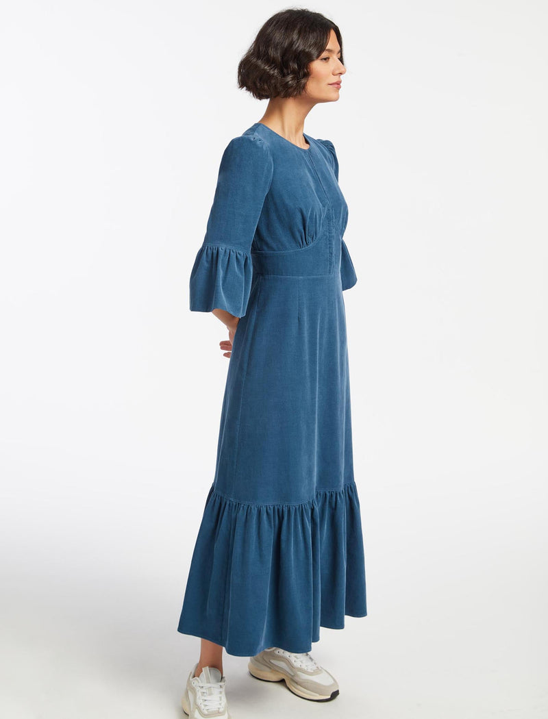 Daphne Pin Corduroy Round Neck Maxi Dress - Mid Blue