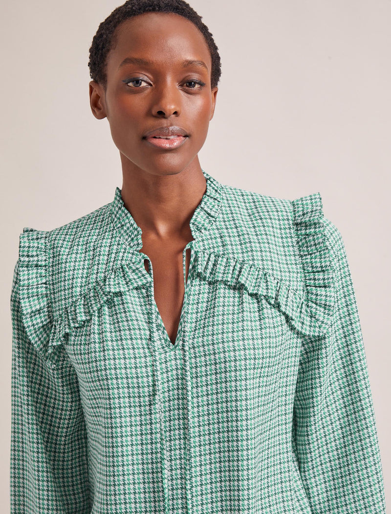 Bay Blouse - Ecru Green Houndstooth Print