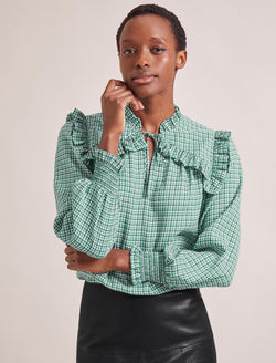 Bay Blouse - Ecru Green Houndstooth Print