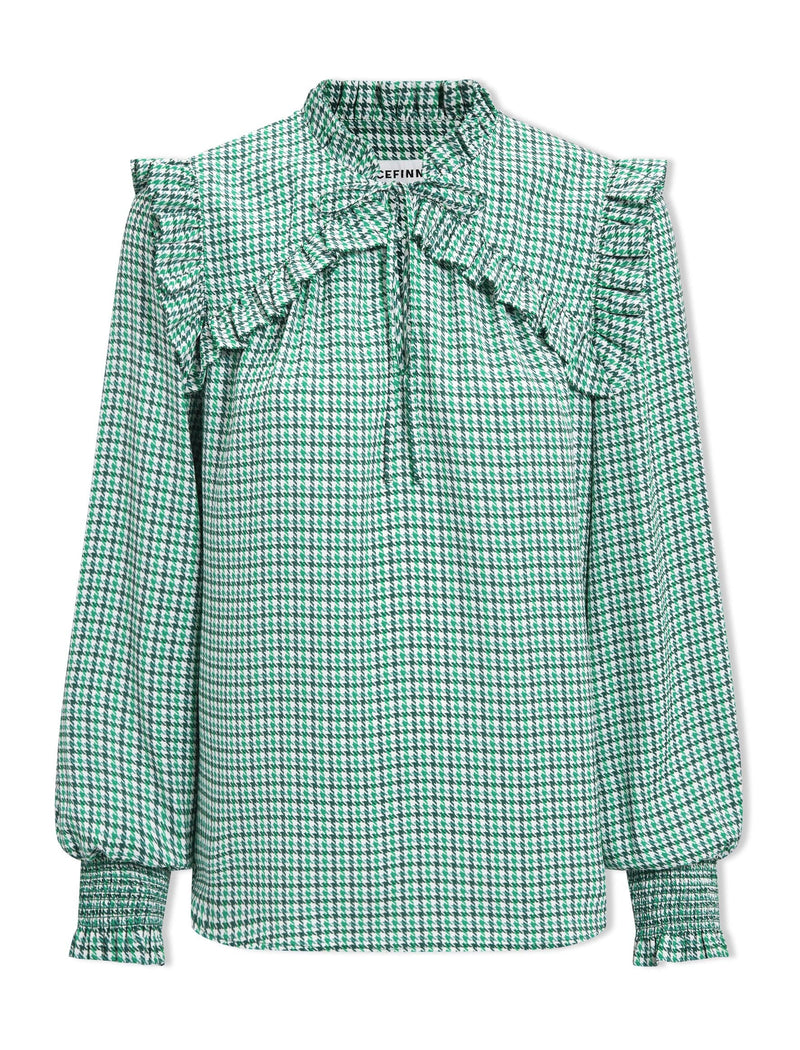 Bay Blouse - Ecru Green Houndstooth Print