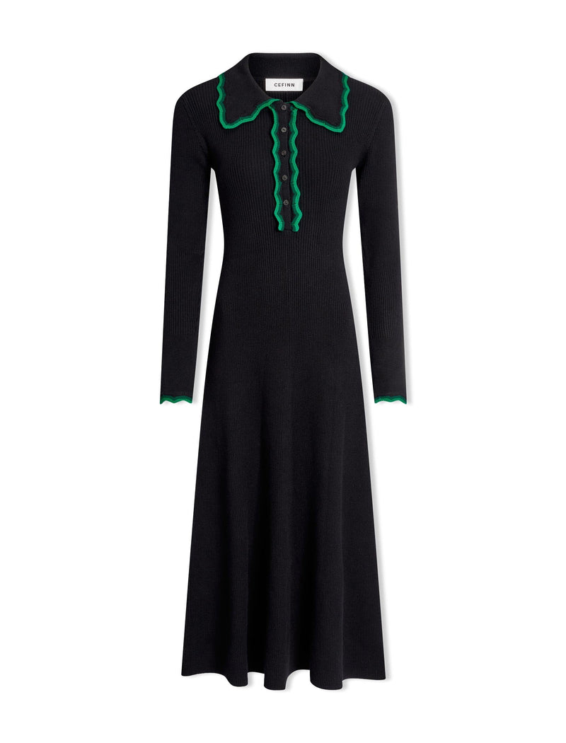 Josie Wool Knit Dress - Black Emerald Green