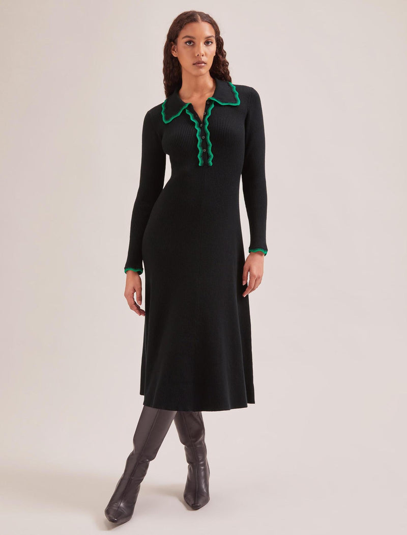 Josie Wool Knit Dress - Black Emerald Green