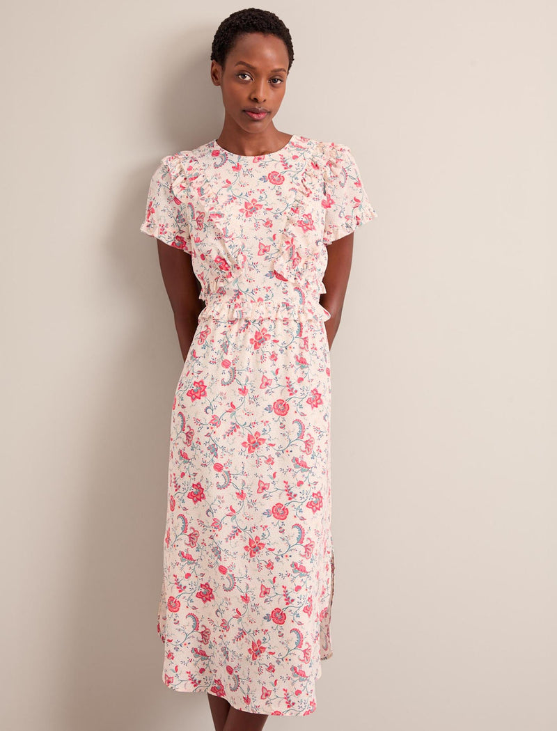 Mira Silk Midi Dress - Cream Multi Trailing Floral Print