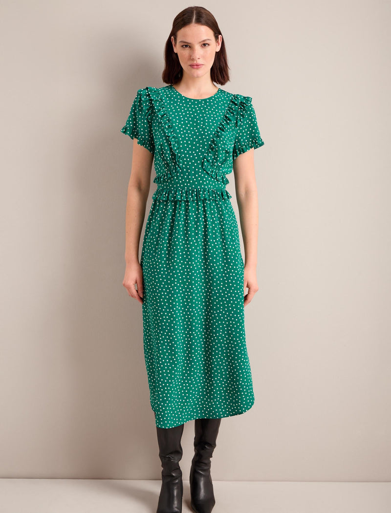 Mira Silk Midi Dress - Green Cream Polka Dot Print