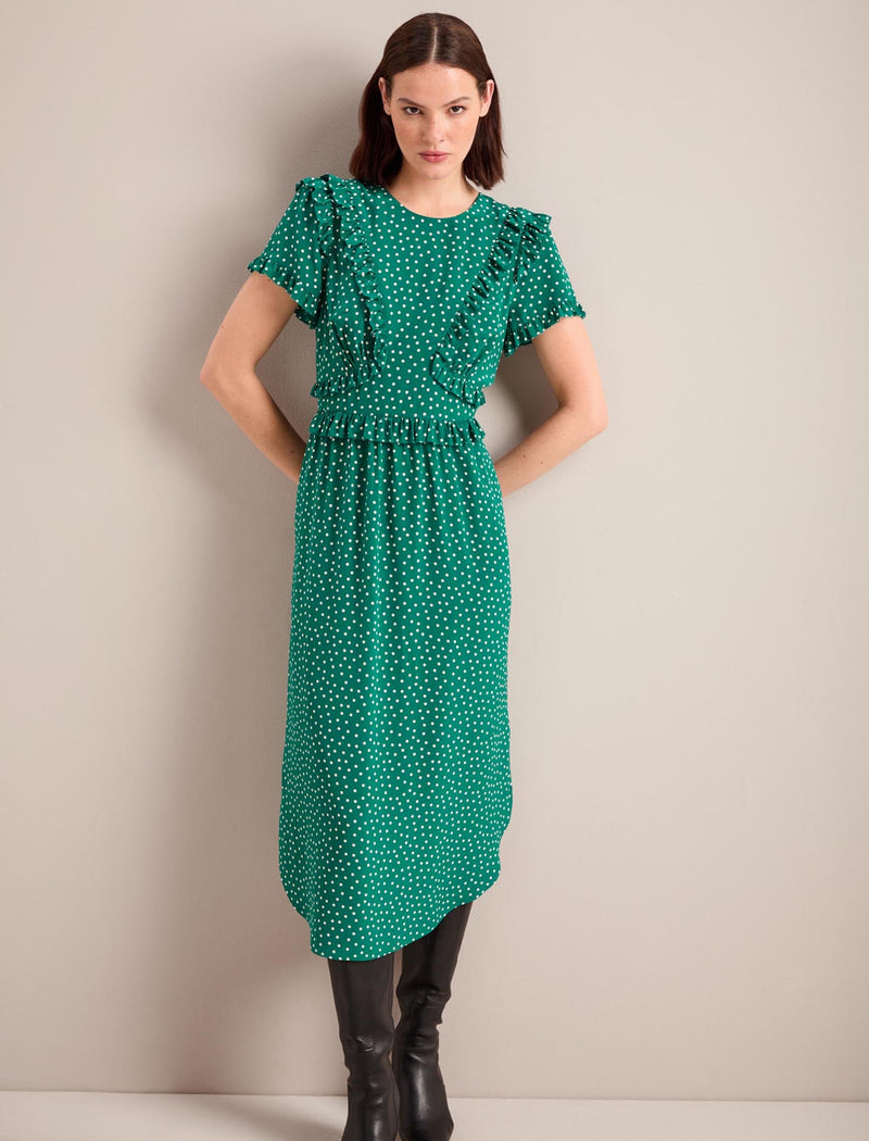 Mira Silk Midi Dress - Green Cream Polka Dot Print