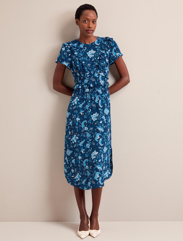 Mira Silk Midi Dress - Navy Yellow Large Trailing Floral