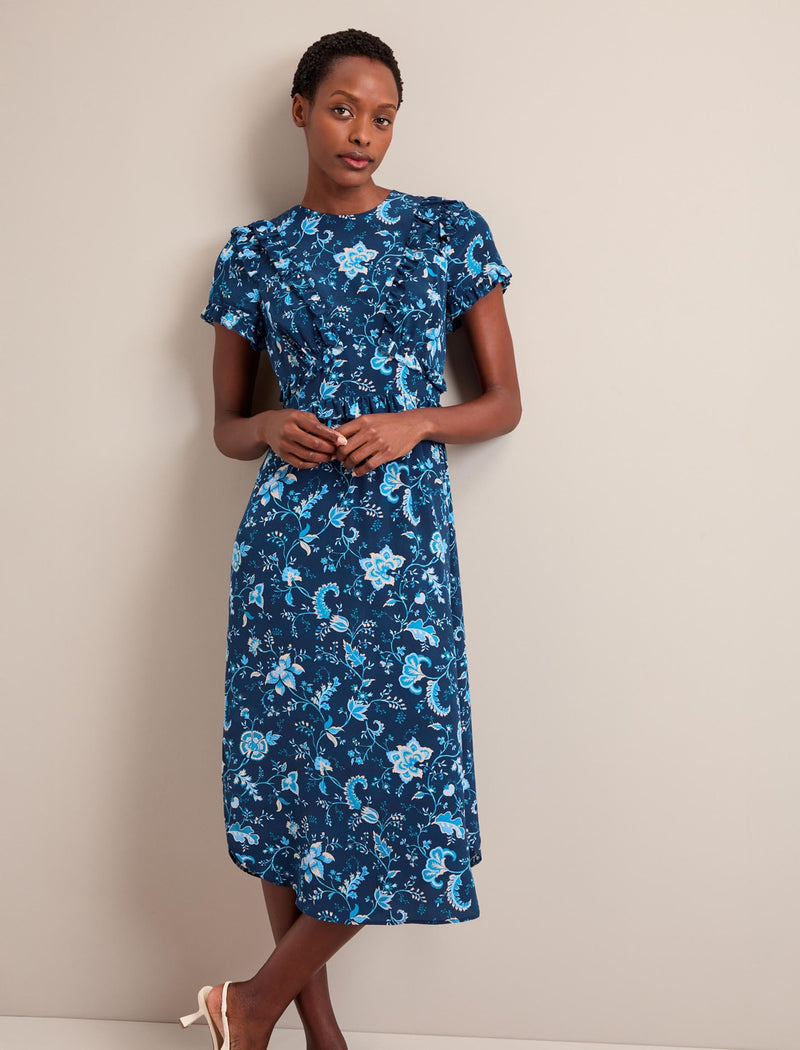 Mira Silk Midi Dress - Navy Yellow Large Trailing Floral