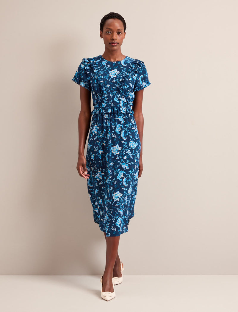 Mira Silk Midi Dress - Navy Yellow Large Trailing Floral