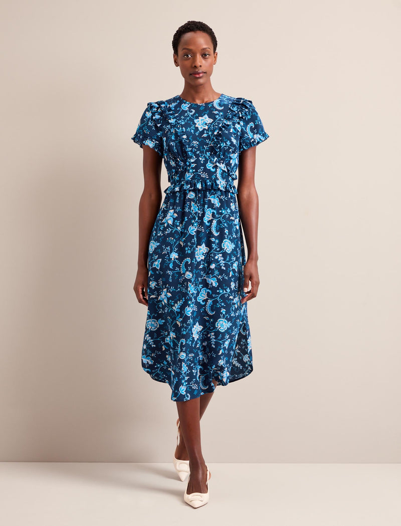 Mira Silk Midi Dress - Navy Yellow Large Trailing Floral