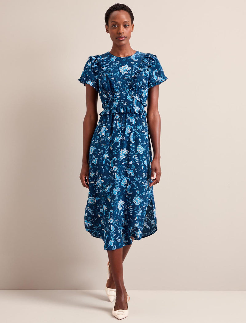 Mira Silk Midi Dress - Navy Yellow Trailing Floral Print