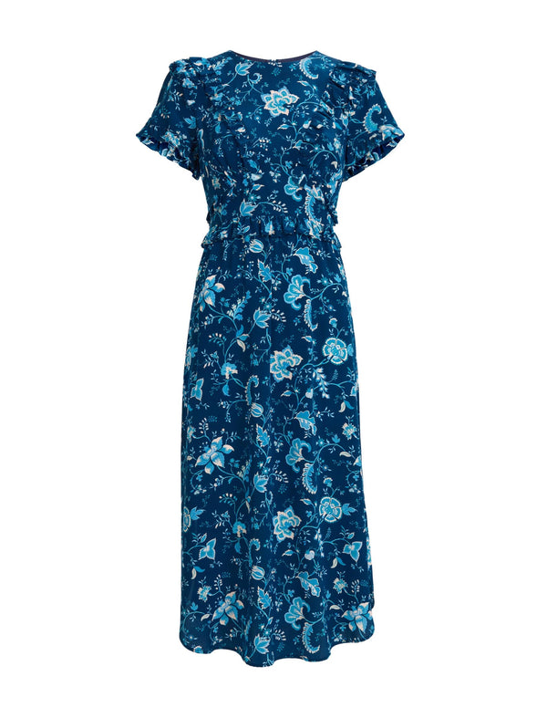 Mira Silk Midi Dress - Navy Yellow Large Trailing Floral