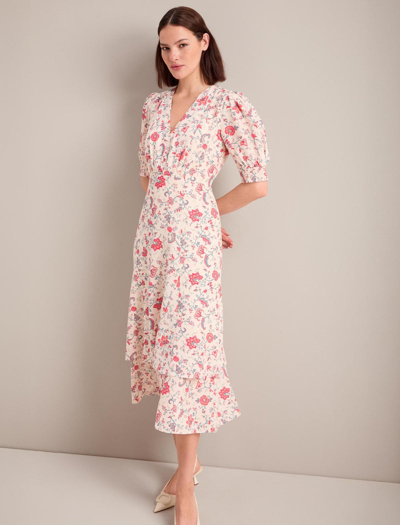 Ayla Silk Midi Dress - Cream Multi Trailing Floral Print