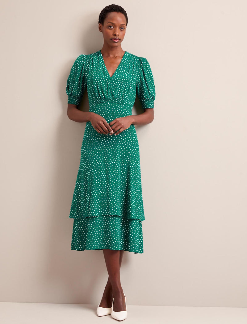 Ayla Silk Midi Dress - Green Cream Polka Dot Print